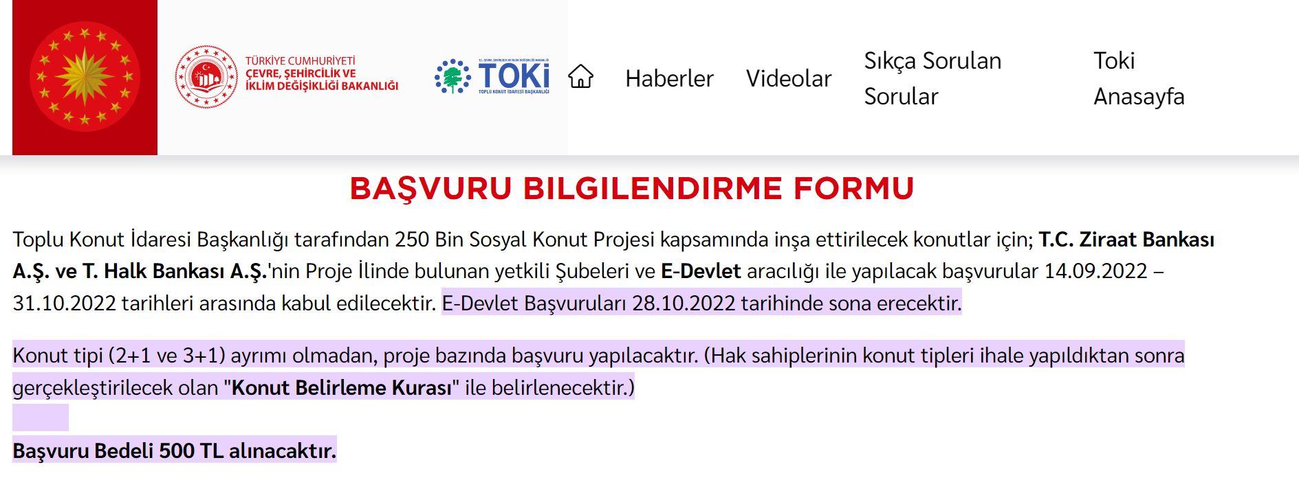 250 Bin Sosyal Konut Projesi Başvuru Bilgilendirme Formu