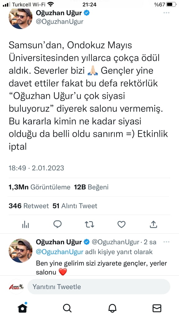 OMÜ'den Programcı Oğuzhan Uğur'a izin çıkmadı
