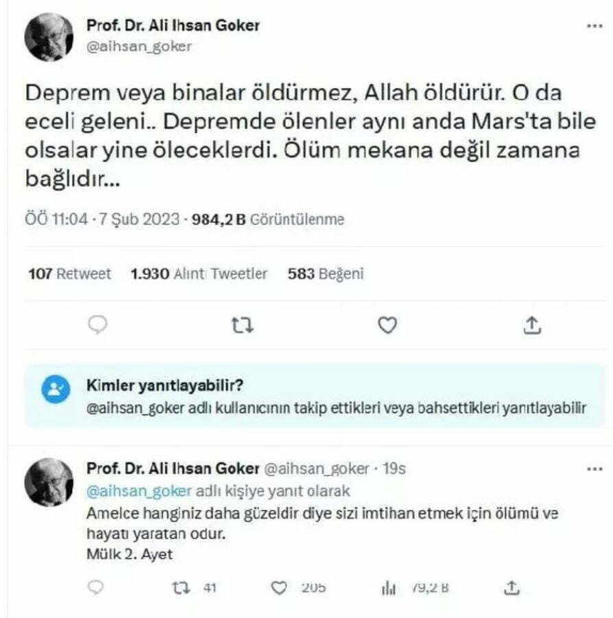 Prof. Dr. Ali İhsan Göker'in deprem paylaşımı