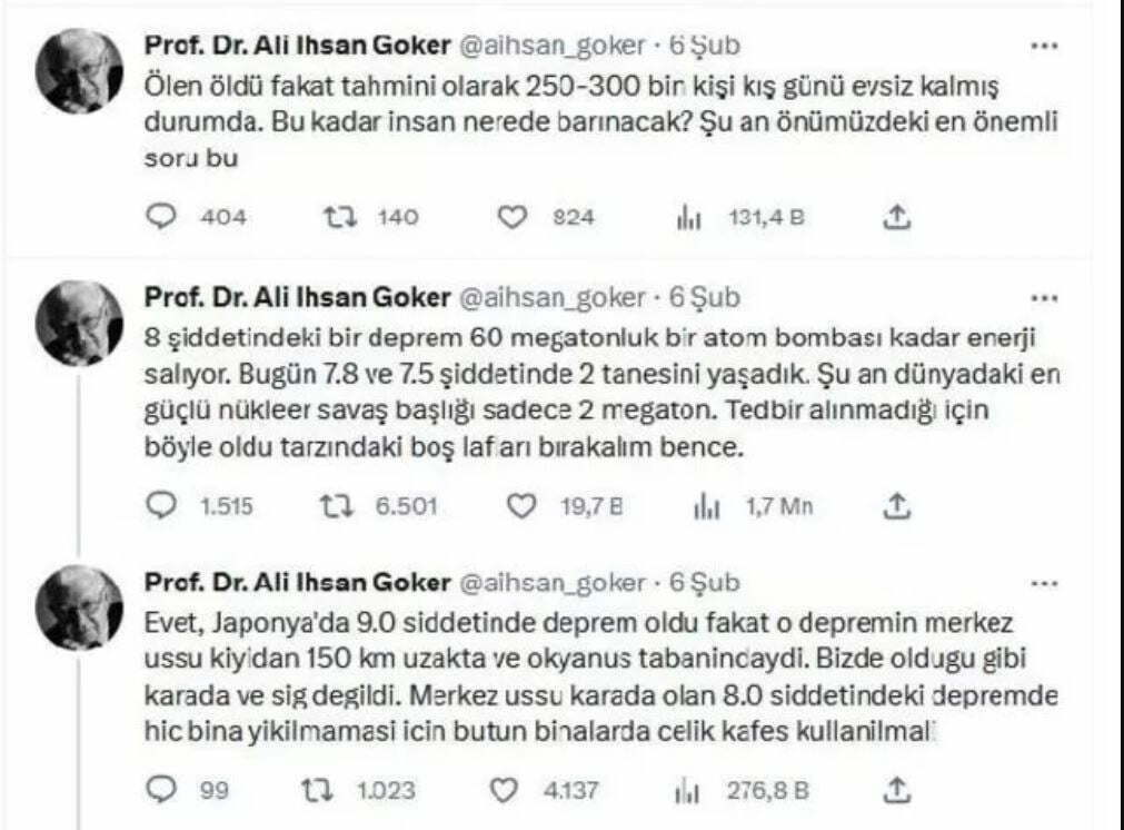 Prof. Dr. Ali İhsan Göker'in deprem paylaşımı