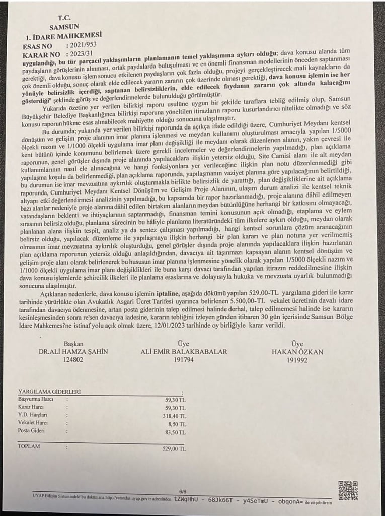 Samsun 1.İdare Mahkemesi’nin iptal kararı