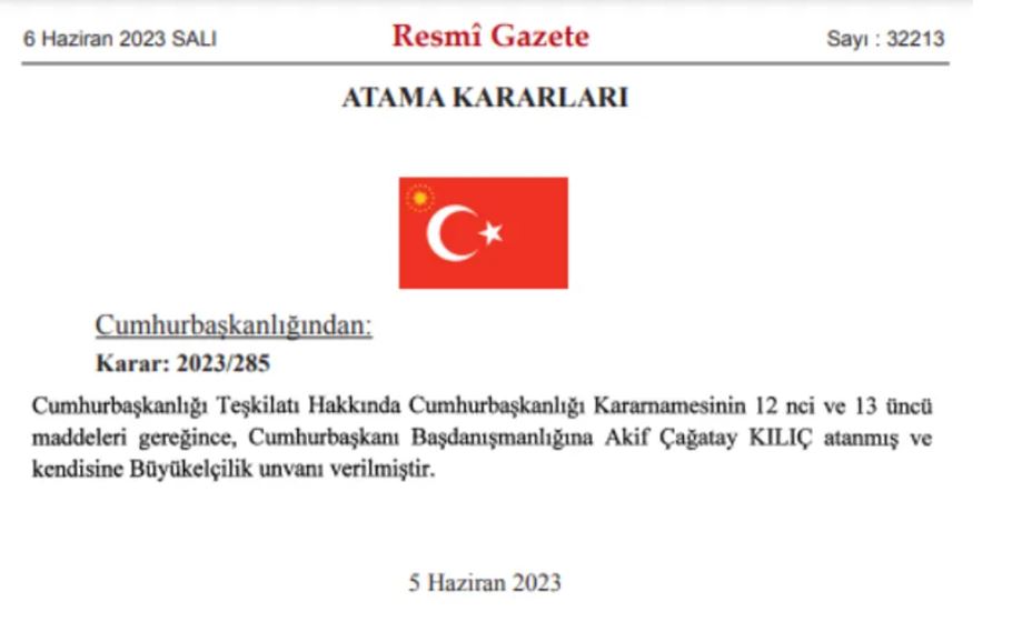 Kılıç Resmen Cumhurbaşkanlığı Başdanışmanı