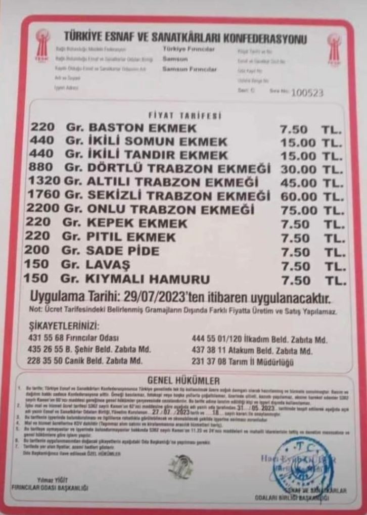 Yeni tabloya göre Samsun'da güncel ekmek fiyatları