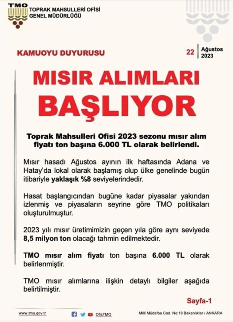 TMO, Mısır Alım Fiyatını Açıkladı