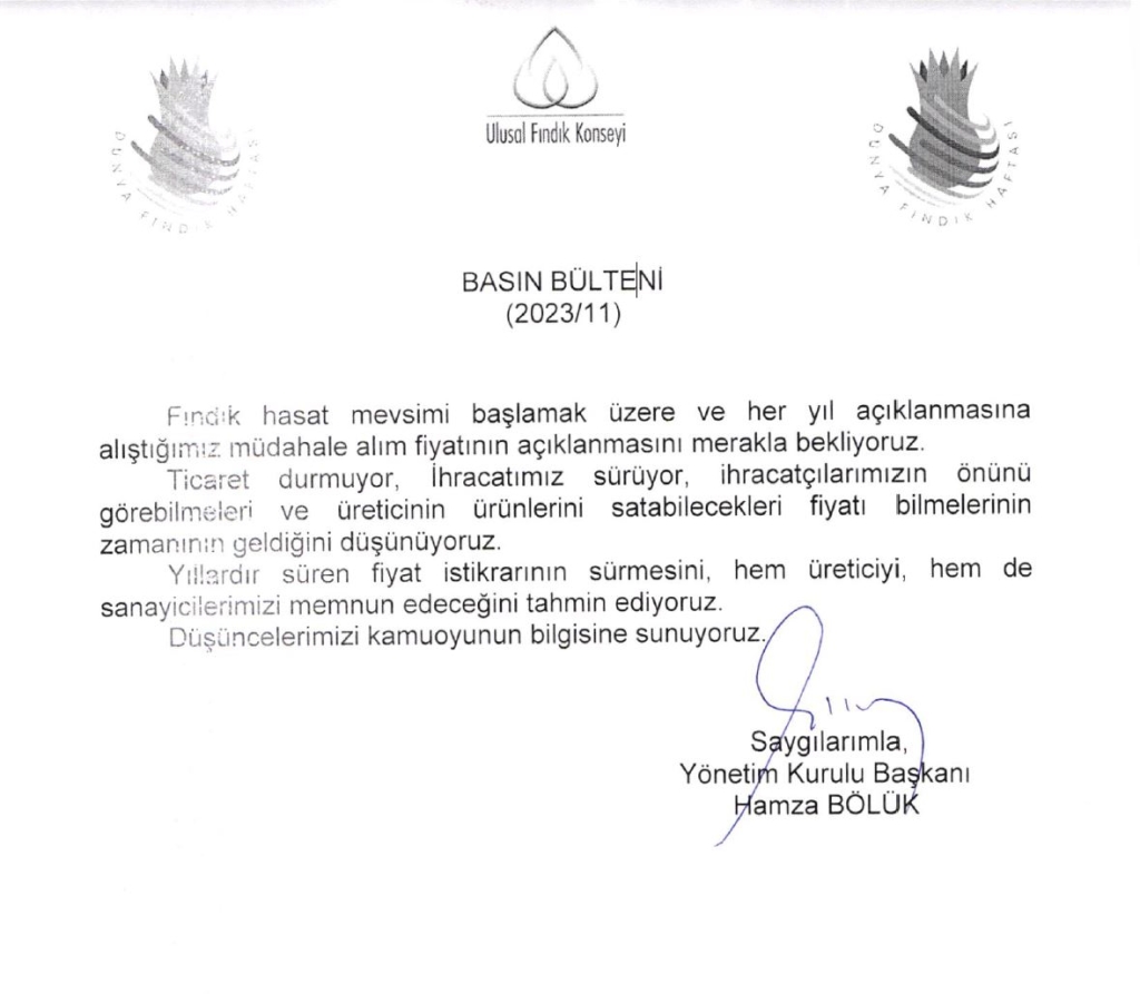 Ulusal Fındık Konseyi'nin Açıklaması