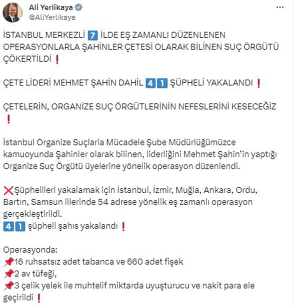 İçişleri Bakanı Ali Yerlikaya'nın Paylaşımı