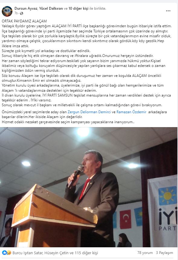 Alaçam İlçe Başkanı Dursun Ayvaz'ın Paylaşımı