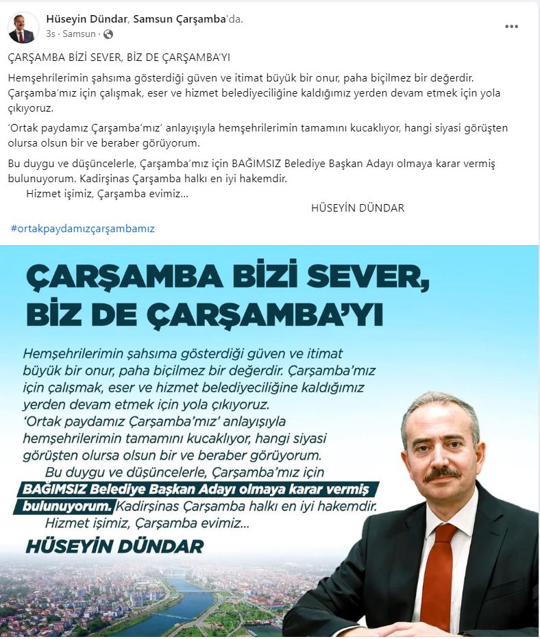 Hüseyin Dündar'ın Adaylık Paylaşımı