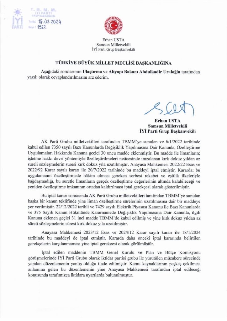 Erhan Usta, Ulaştırma Bakanına Limanlar Sordu