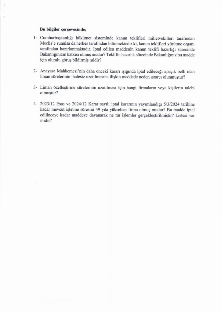 Erhan Usta, Ulaştırma Bakanına Limanlar Sordu