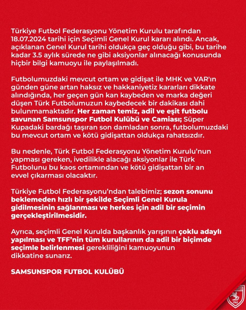 Samsunspor'dan TFF'ye Tepki