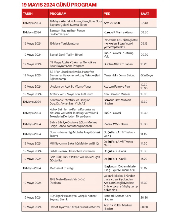 19 Mayıs'da Samsun'da Yapılacak Kutlama Programı