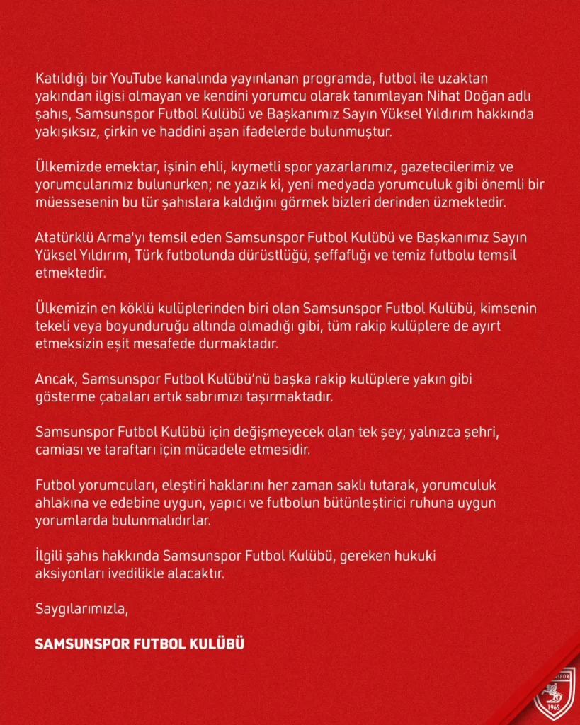 Nihat Doğan'ın Samsunspor'a Yönelik Sözlerine Yanıt!