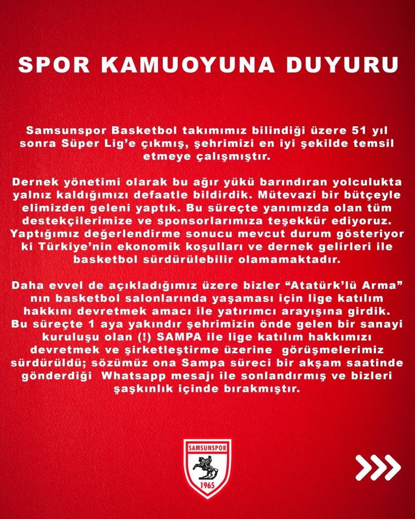 Samsunspor Basketbol Sponsor Arıyor