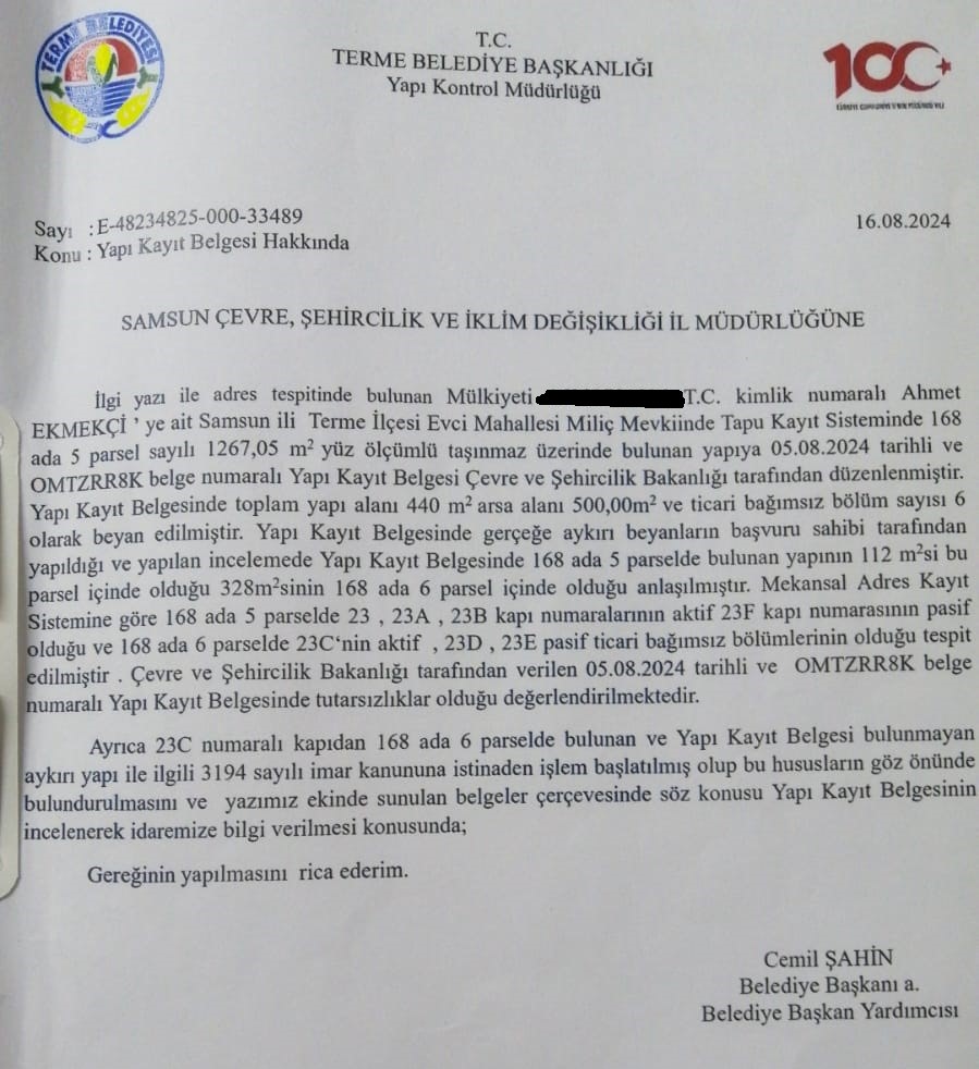 Çevre Müdürlüğü'ne Yazılan Yazı