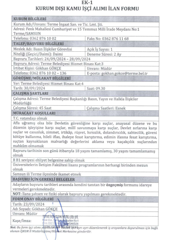 Terme Belediyesi Personel Alım İlanı