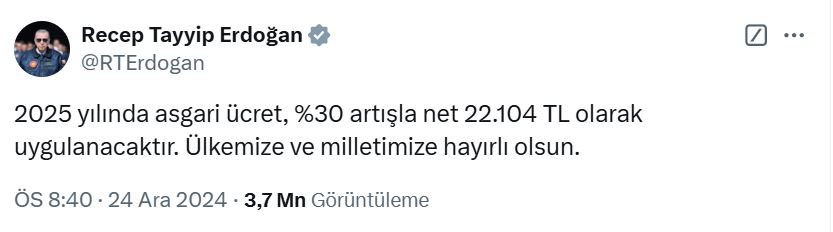Erdoğan'ın Asgari Ücret Paylaşımı