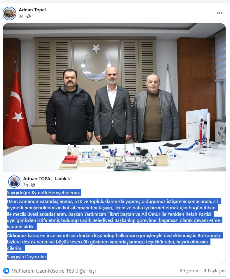 Ladik Belediye Başkanı Partisinden İstifa Etti