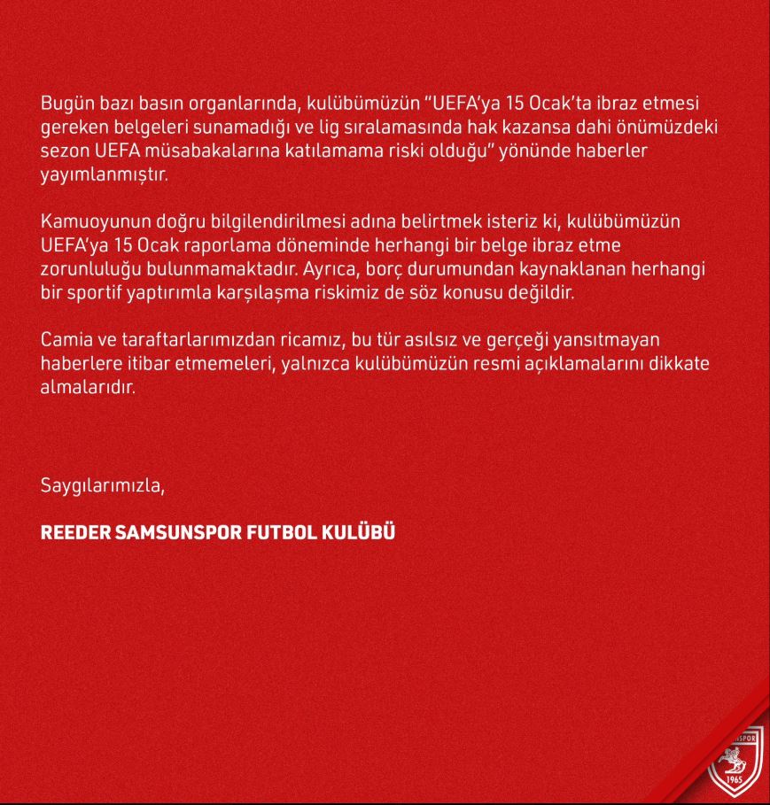 Reeder Samsunspor’dan UEFA İddialarına Yanıt